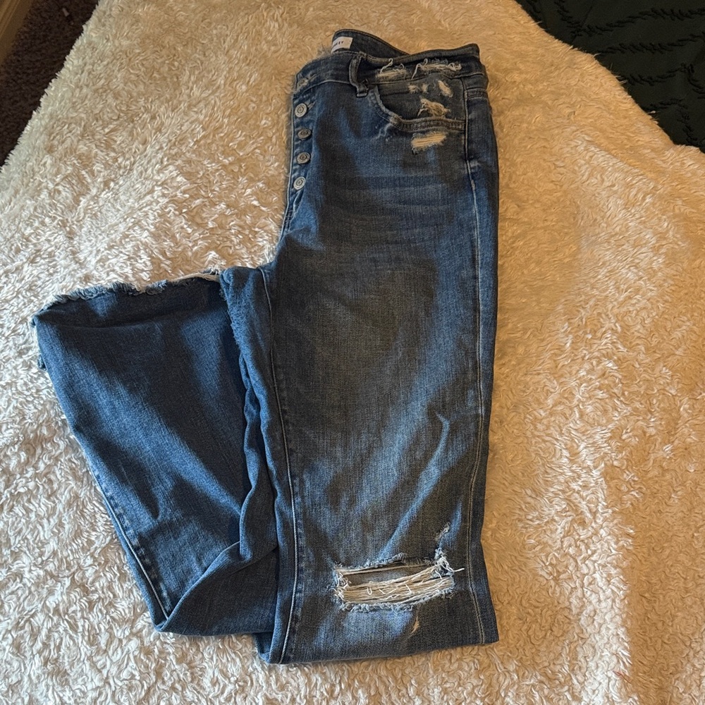 Flying Monkey Distressed Flare Jeans in Blue